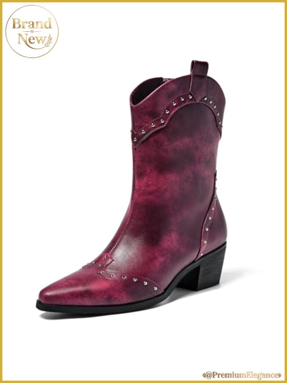 Women's Studded Western Ankle Boots Low Block Heel Pointed Toe Zip